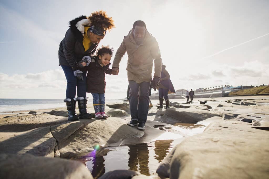family walking on beach