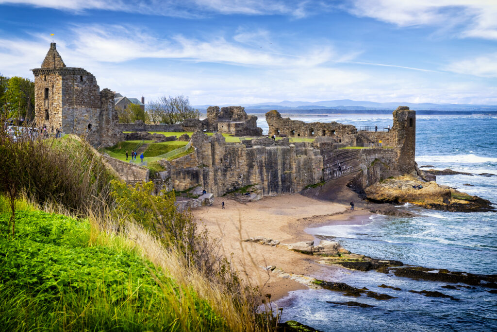 St Andrews, Scotland - May 09,2019: The ruin of the St Andrew's Castle, located on a rocky promontory in St Andrews, Fife, Scotland. The castle, dating to the 1200s, now can be visited and hosts a visitor centre with displays on its history