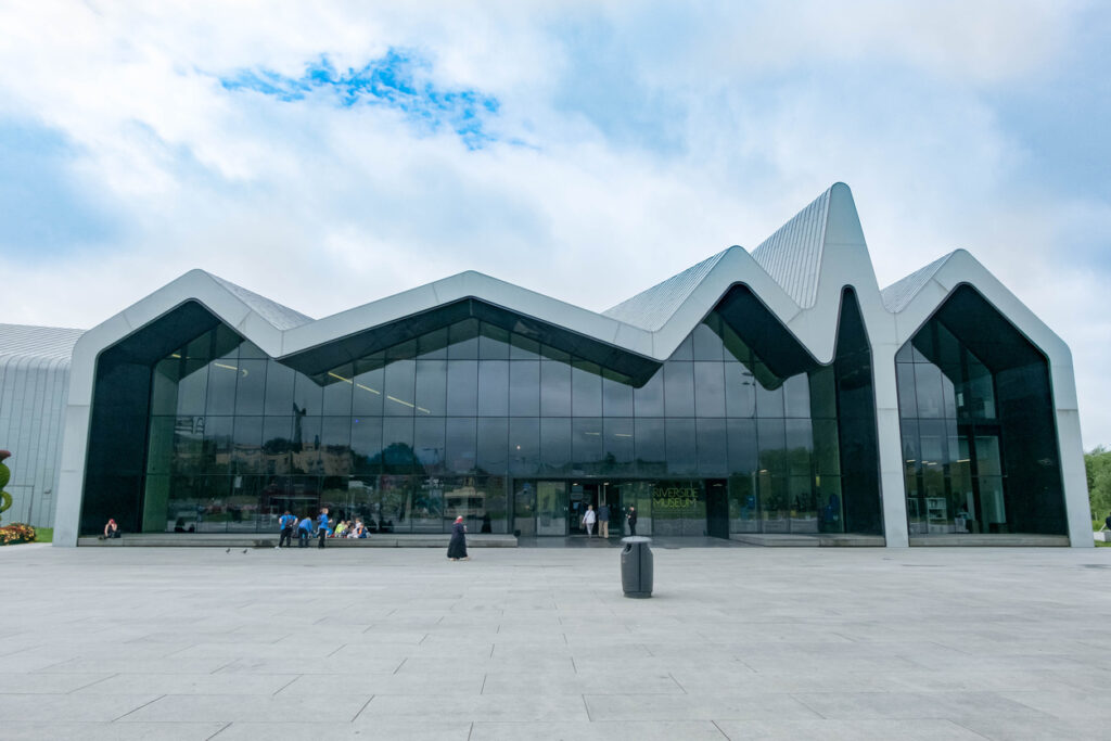 Glasgow, Scotland - 18 July 2016 - Riverside Museum of Transport which has models of cars, bycicles and ships, designed by famous architect Zaha Hadid in Glasgow, United Kingdom